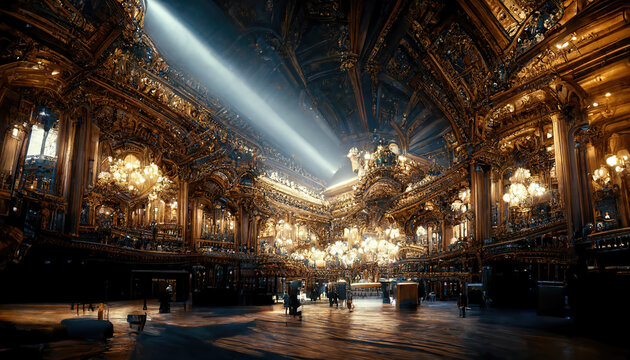 AI generated image of a vintage palatial opera hall in Paris with grand ornamental interiors