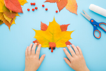 Little child hands creating hedgehog shape from colorful maple leaves on light blue table...