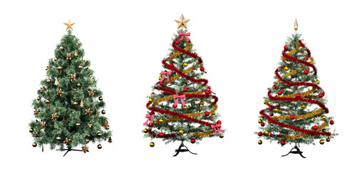 Christmas tree with decorations, isolated on white background, 3D illustration, cg render