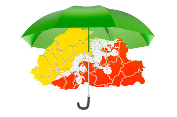 Bhutanese map under umbrella. Security and protect or insurance concept, 3D rendering