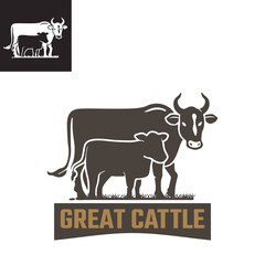 gret cow with it mom, silhouette of dark brown cattle wiih it children vector illustration