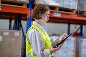 Worker in warehouse hold tablet check list perform inventory stock check goods boxes on the storage...