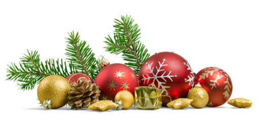 Christmas toys on fir tree branch , isolated on white