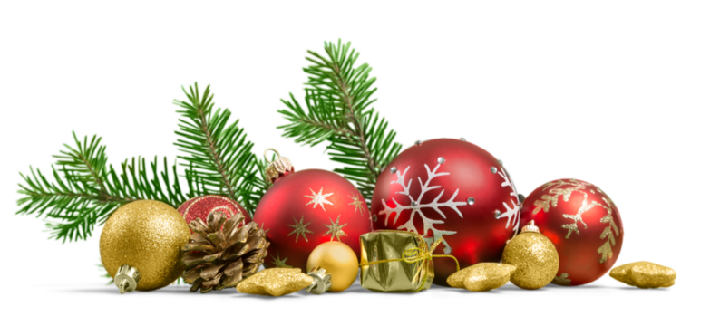 Christmas toys on fir tree branch , isolated on white