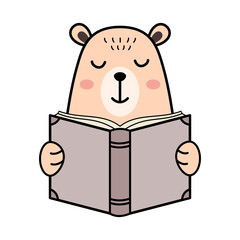 Cute bear reading a book. Scandinavian Nordic style cartoon animal. Wildlife kawaii animal with outline. Book lover concept. Reading book concept. Fairytale idea. Vector illustration, flat, clip art.