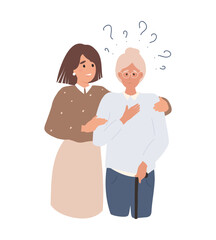 Cartoon flat illustration of young female volunteer caring for an elderly woman, adult woman helps and supports elderly woman