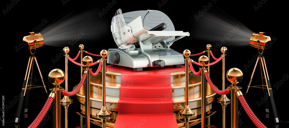 Poster podium with slicing machine, 3d rendering