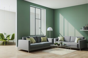 Home interior mock up with gray sofa and green vase in bright living room, copy space, 3d render, 3d illustration