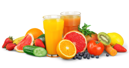 Tasty fruits  and juice with vitamins on background