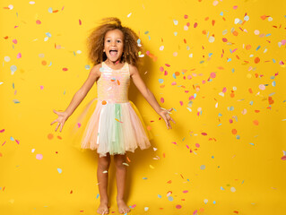 Funny little girl dressed for party in sequins and tutu blowing confetti . Isolated on yellow...