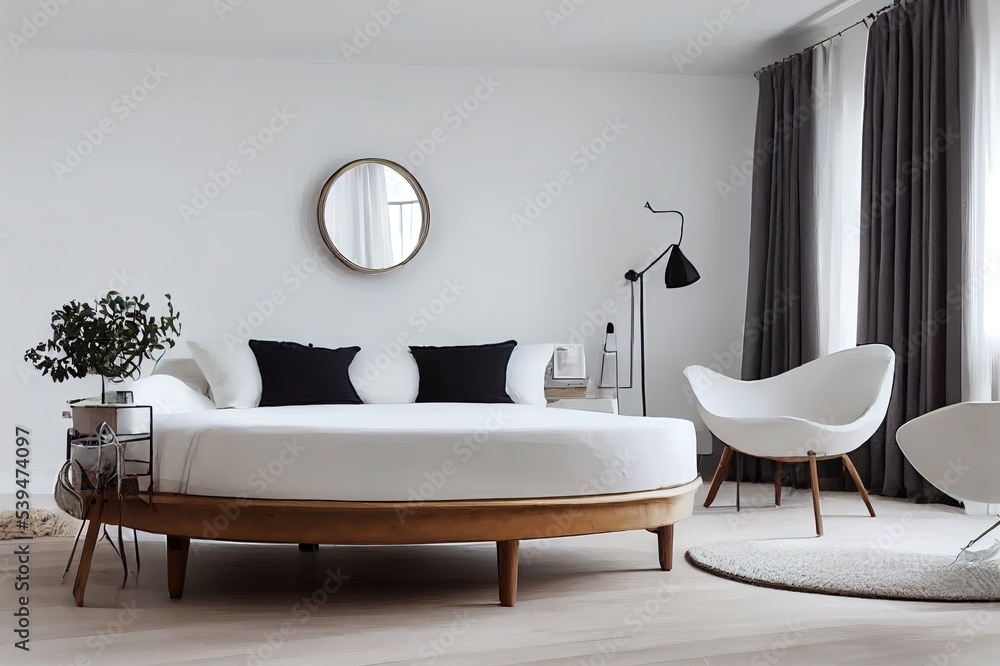 Canvas Prints Scandinavian style white room interior with round mirror on the wall, wooden bed with pillows and blanket, cabinet and armchair. Real photo.