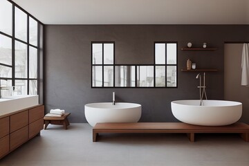Obraz na płótnie Canvas Modern bathroom interior with a wooden shelf, two sinks standing on it, a round mirror and a tub. 3d rendering mock up