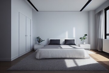 Minimalist modern bedroom interior background, wall mockup, 3d render