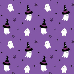 Cute cartoon abstract halloween seamless vector pattern background illustration with baby ghost and stars on purple background. Drawn by hand, for decoration, decor, fabric.