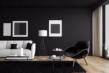 Dark interior of living room with black wall, chair and wooden console, modern luxury living room interior background, living room interior mock up, interior with black walls, 3d rendering