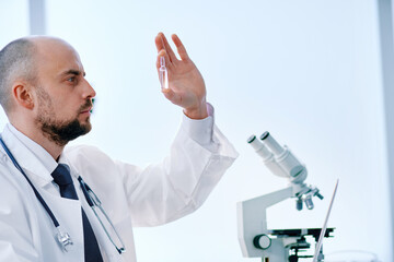 close-up. researcher conducts testing in the laboratory.