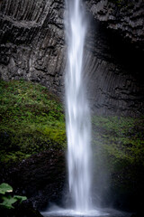 Obraz premium Latourell Waterfall in Oregon, with gray textured rock face and moss growing along the end of the waterfall. 