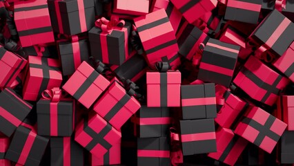 Falling gift boxes fill the screen, Black Friday Sale background. 3d render realistic animation