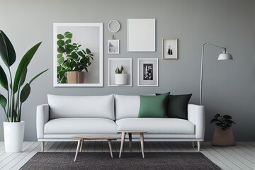 Blank poster frame mock up in scandinavian style living room interior, modern living room interior background, white sofa and green plant in pot, 3d rendering
