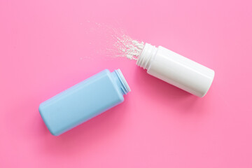 Spilled white talcum powder in container. Skin care cosmetic