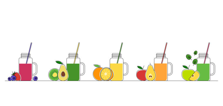 Smoothie. A set of jars with tubes. Fruit drink. Vector illustration. The image of fruits with drinks in jars with tubes. Linear art.