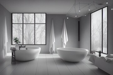 Fototapeta na wymiar White cozy bathroom interior background, wall mockup, 3d render