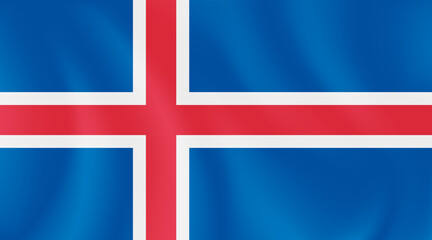 National flag of Iceland with imitation of light waves on the fabric. Vector stock illustration