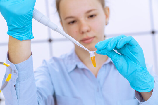 young woman laboratory assistant loads biological sample into microtube, university microbiology laboratory