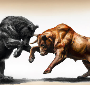 Illustration of bull and bear fighting - stock or crypto market concept