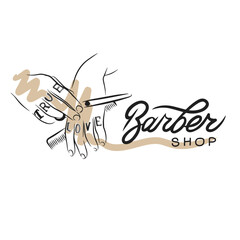 Barber shop, handwritten quotes, men s hands in tattoos hold scissors and a hairbrush