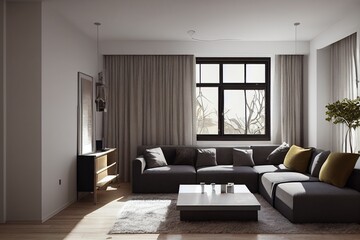 Modern interior of apartment, living room with sofa, hall panorama 3d rendering