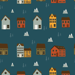 Winter pattern with scandinavian houses, mountains and Christmas trees on a dark background