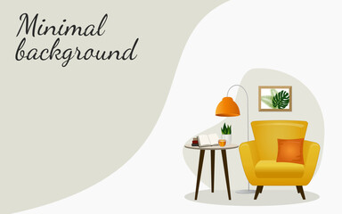 Background design with an armchair, coffee table, floor lamp and books. Vector illustration.