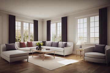 Fototapeta na wymiar Hampton style living room interior with frame mockup, 3d render