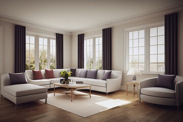 Hampton style living room interior with frame mockup, 3d render