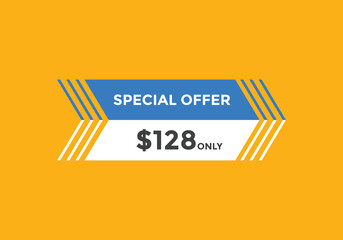 $128 USD Dollar Month sale promotion Banner. Special offer, 128 dollar month price tag, shop now button. Business or shopping promotion marketing concept
