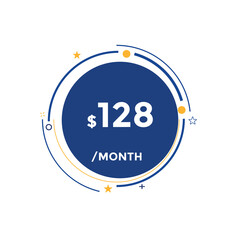 $128 USD Dollar Month sale promotion Banner. Special offer, 128 dollar month price tag, shop now button. Business or shopping promotion marketing concept
