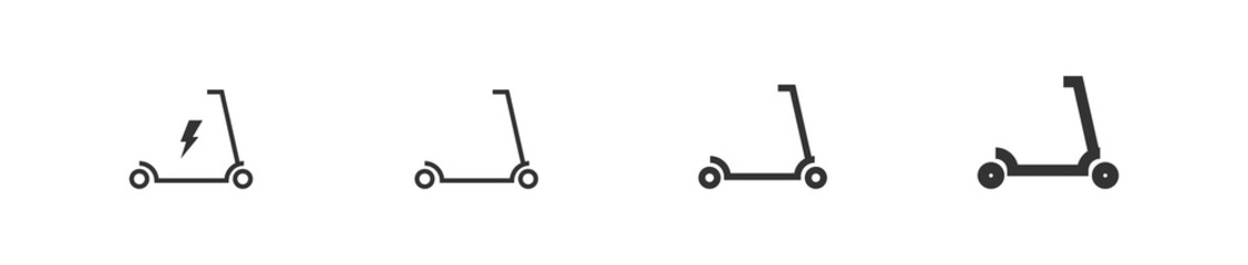 Electric kick scooter set black line icon different thickness. Isolated flat vector