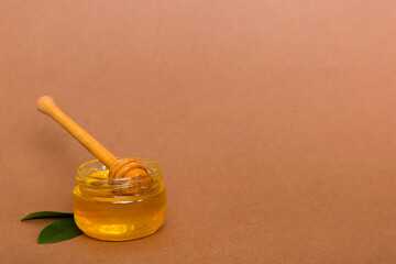Honey in jar with leaves and honey dipper on colored background top view with copy text