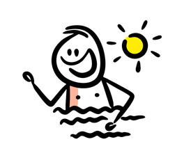 Funny doodle stickman in the water under the sun.