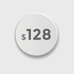 128 dollar price tag. Price $128 USD dollar only Sticker sale promotion Design. shop now button for Business or shopping promotion
