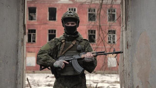Ukranian military poses for the camera for the media corrects the outfit