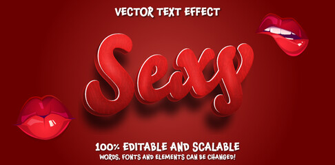 Sexy editable text effect on passionate red background with women lips. Party text effect, editable disco club text style. Vector Illustration of Adult Shop Promotion. Red lipstick lips