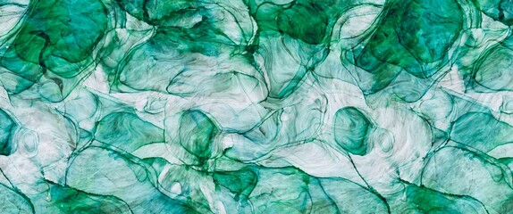 Luxury green alcohol ink painting made with brush stroke, abstract hand drawn art, textured background with small bubbles, decorative wallpaper design for print