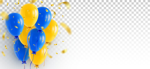 Bunch of blue and yellow helium balloons on transparent background with falling confetti and blank copy space at right. Web banner or greeting card design template. Realistic 3D vector illustration