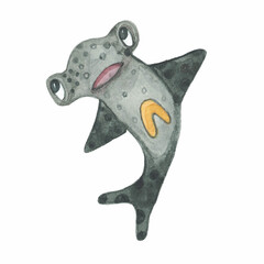 hand-painted watercolour fish hammer on white background