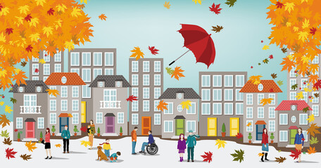Une ville ou des gens se promènent et discutent dans la rue en automne, le vent fait s'envoler un parapluie et des feuilles d'automne.
