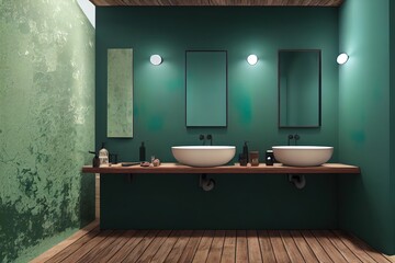 Naklejka na ściany i meble Dark green rustic bathroom, wall mock up, 3D render