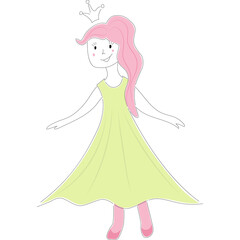 Fototapeta premium Hand drawn doodle cute princess in green dress and with pink hair