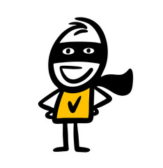 Doodle hand drawn super hero in black mask and cloak.